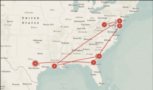 Figure 1. A map tracking our journey to different National Wildlife Refuges.